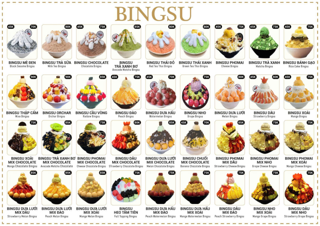 Menu Bingsu và đồ uống đa dạng tại MrP Bingsu & Tea Cần Thơ.